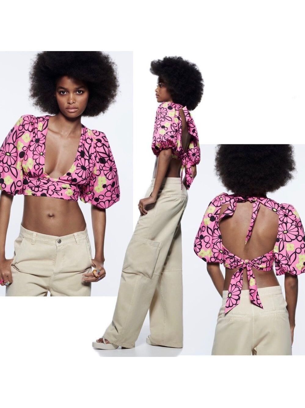 ZARA Fuchsia floral V neck balloon sleeve crop top pink yellow black Sz S NWT